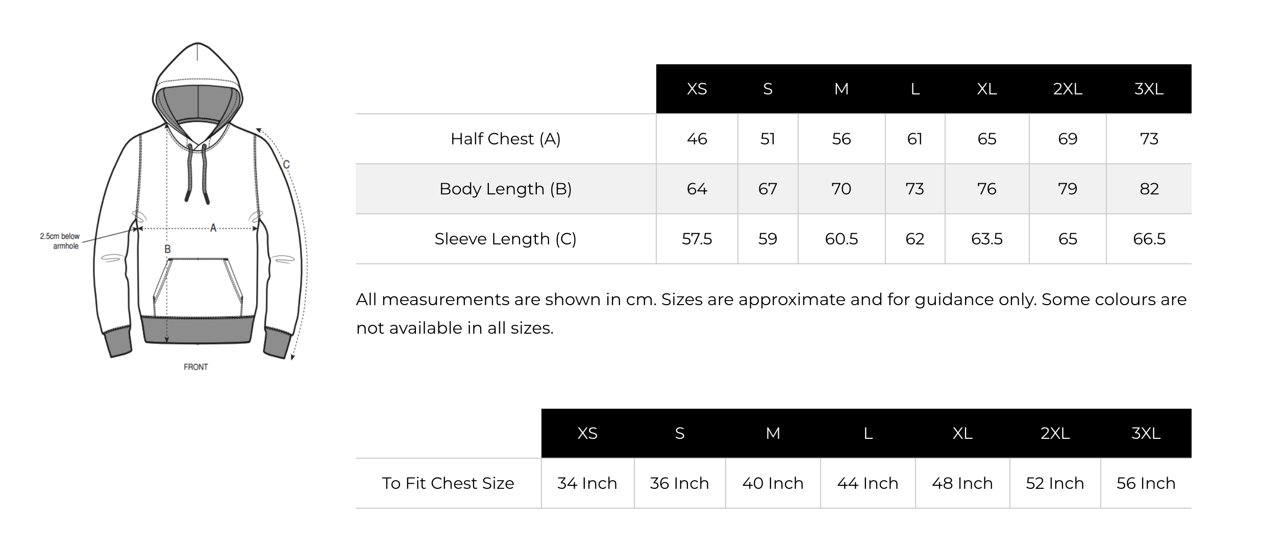 AWDis Varsity Hoody Size Chart